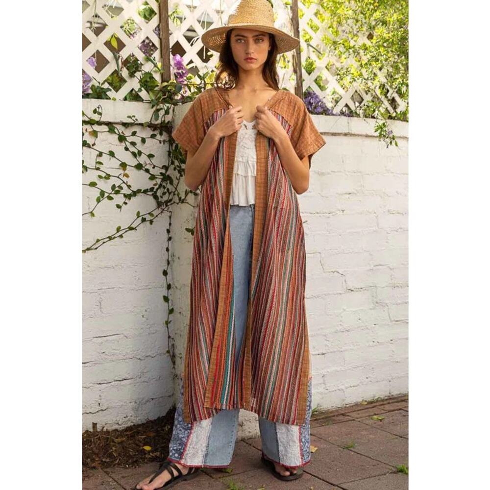 A'gaci Small Multi-Striped Open Knit Long Cardigan Ethnic Boho
